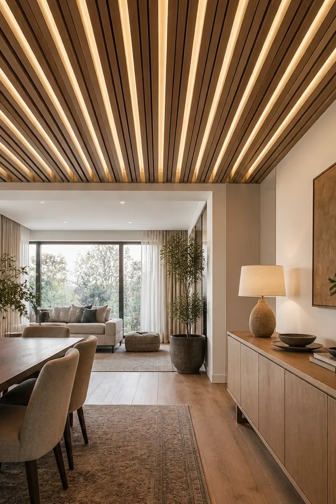 Alternating wood slats and recessed light strips across a ceiling
