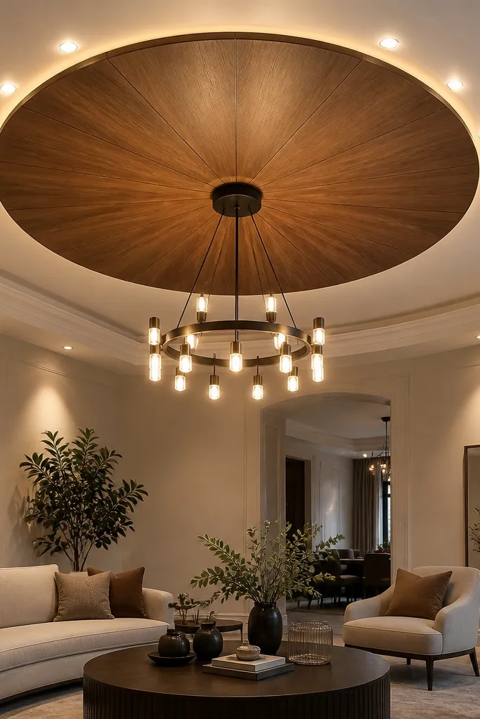 Round ceiling medallion made of wood veneer segments with warm lights around it