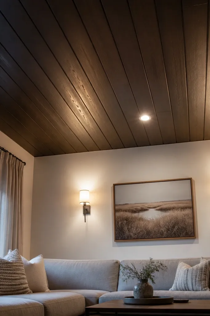 Tongue-and-groove wood boards on the ceiling with a deep dark stain