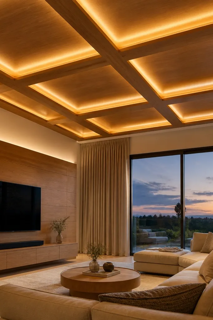 Wood ceiling panels arranged in a geometric grid with warm light behind