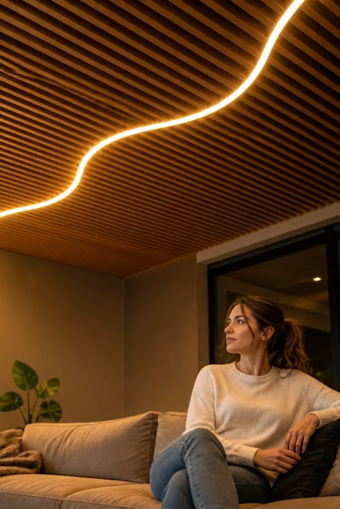 Wood slats with a wavy LED light channel running down the center