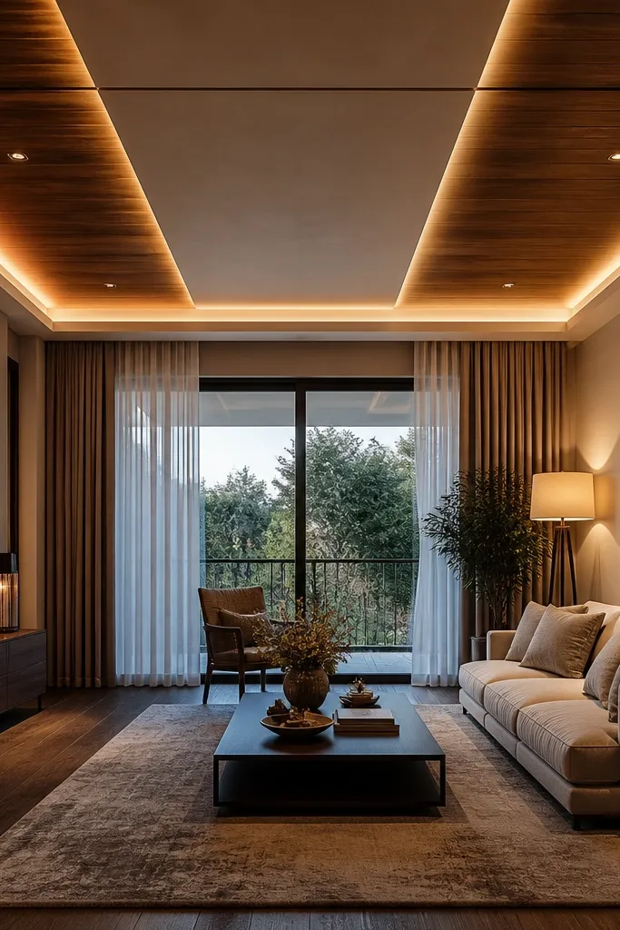 Wood panel sections mixed with smooth plaster panels and a soft perimeter light glow
