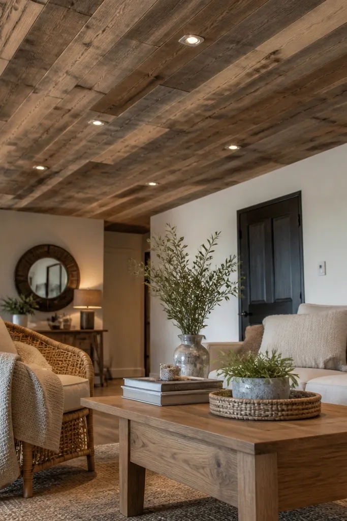 Reclaimed-style wood panels on the ceiling with varied tones and warm matte finish