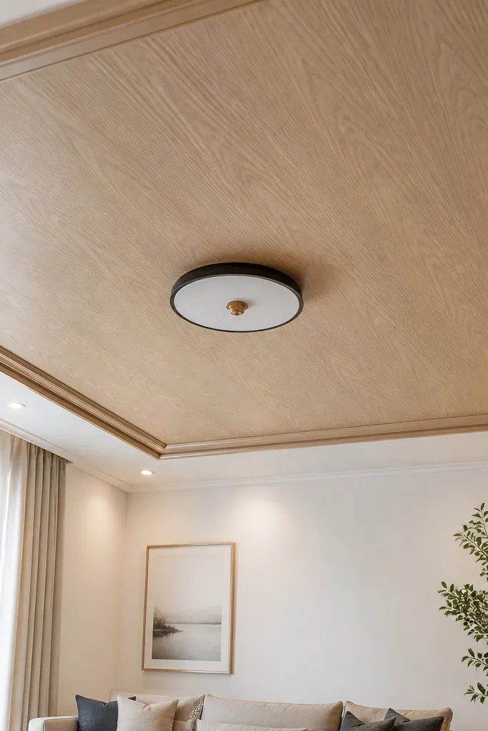 Wood veneer ceiling with a thin geometric border and soft corner lighting