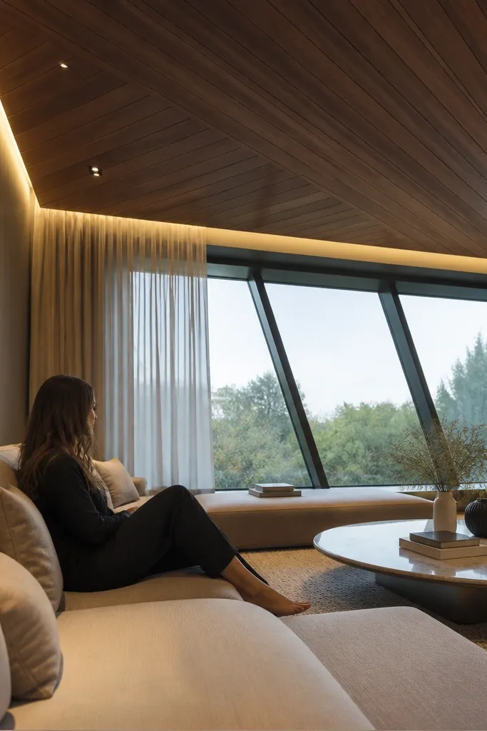 Diagonal wood panel pattern ceiling with warm LED glow in the corners