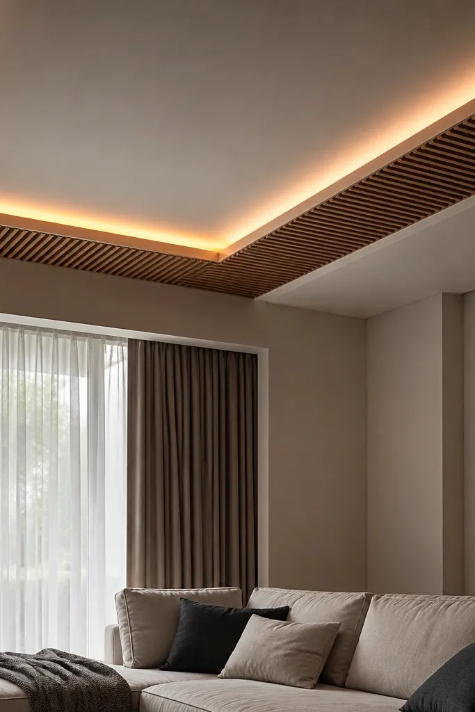 Wood slats around the ceiling edge with a recessed cove glow