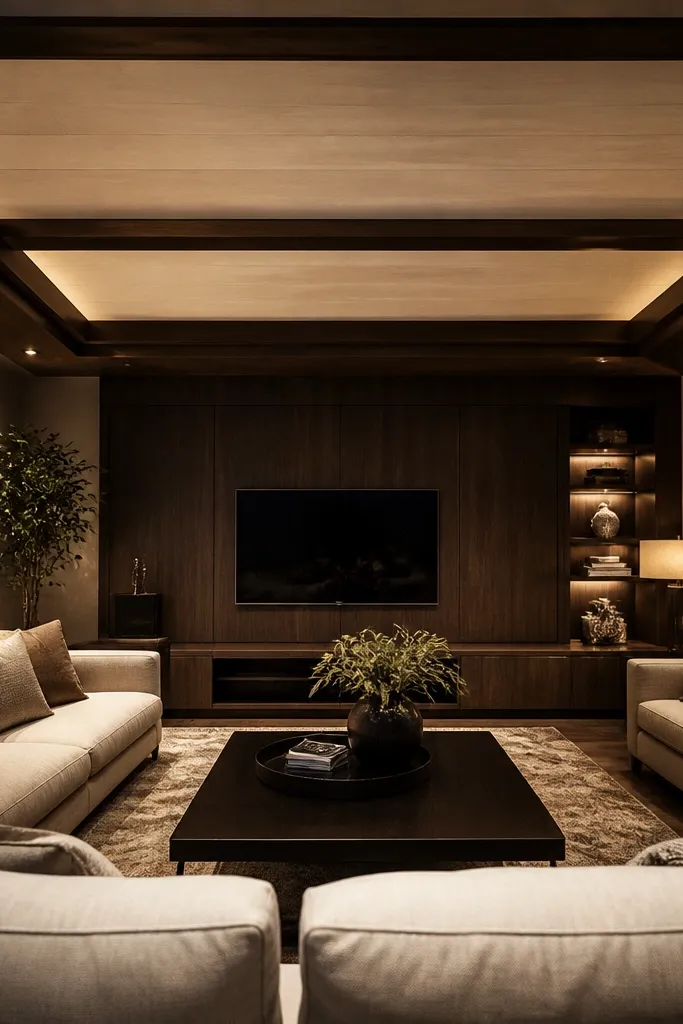 Light wood panels in the center with dark wood beams across the ceiling