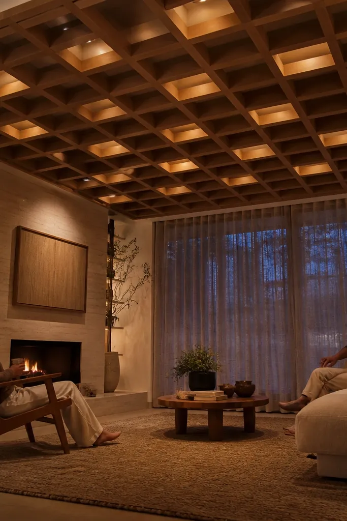 Wood lattice ceiling with open pockets and a gentle glow behind
