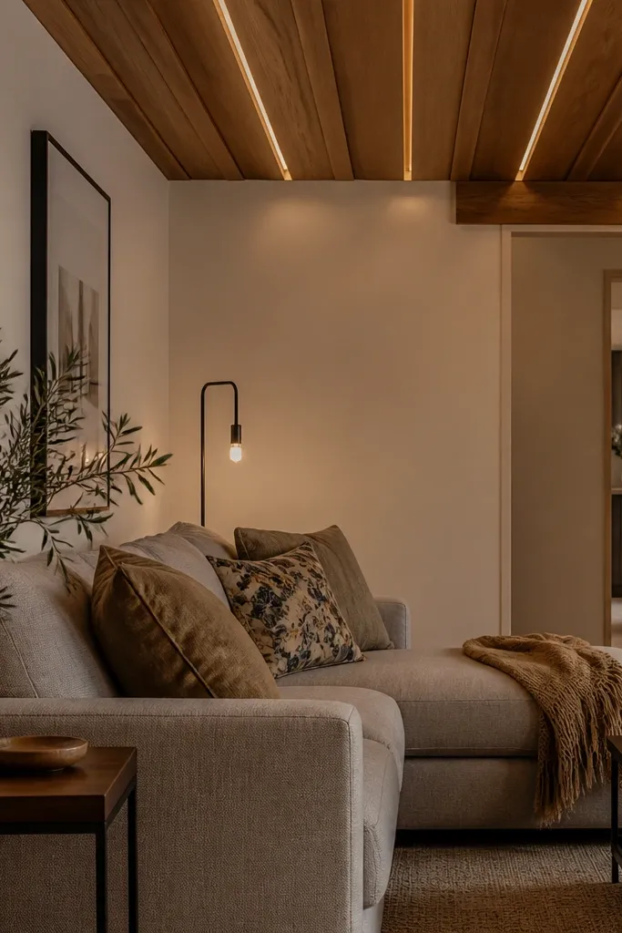 Wood ceiling with long recessed light bars running parallel