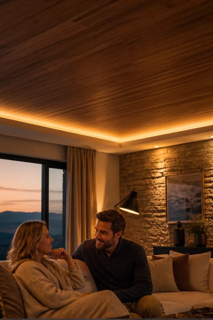 Wood ceiling panels with a thin border and hidden LED strip glow around edges