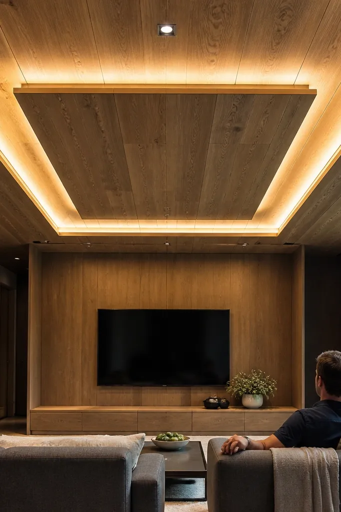 Stepped wooden center platform with halo LED glow around the edges