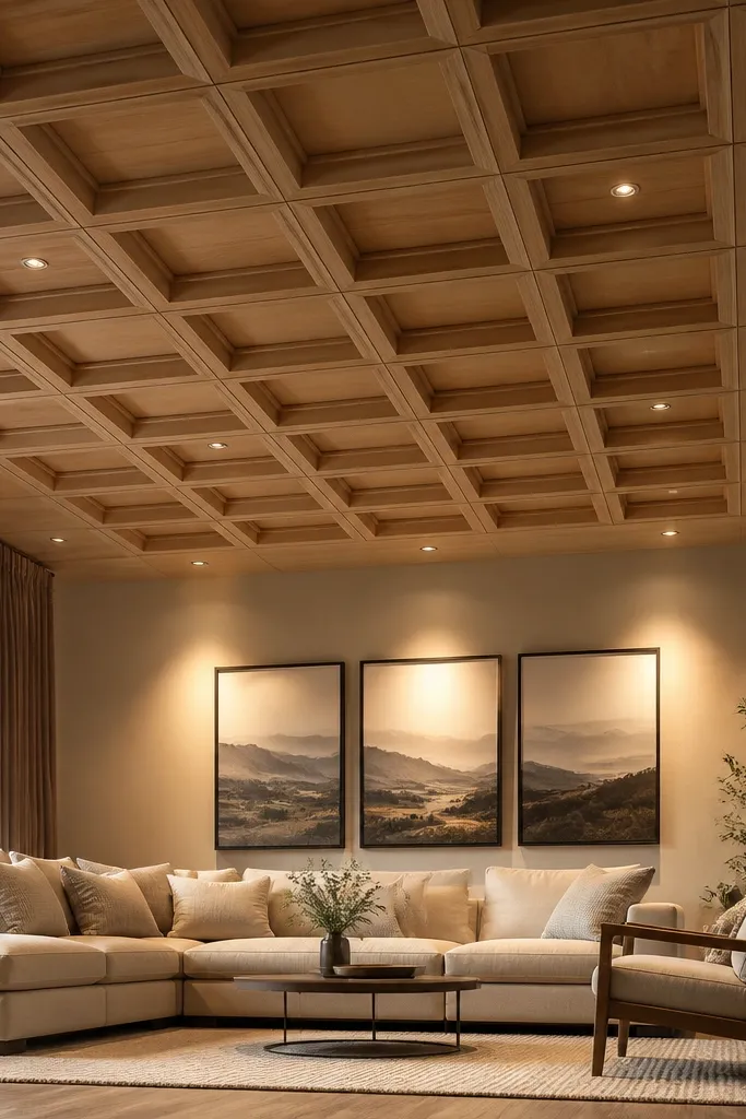 Wood ceiling with small square coffer grid and tiny recessed downlights