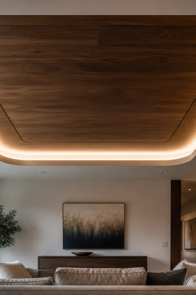 Recessed wood panels set into the ceiling with a soft LED ring around the perimeter