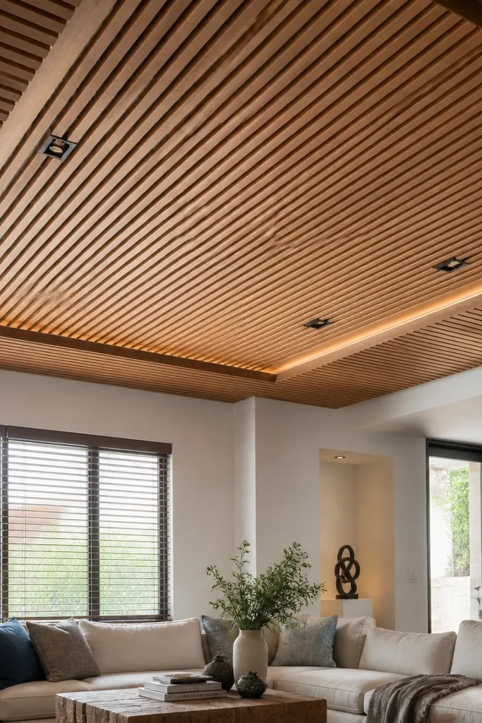 Center area with vertical wood slats and horizontal slats along the edges