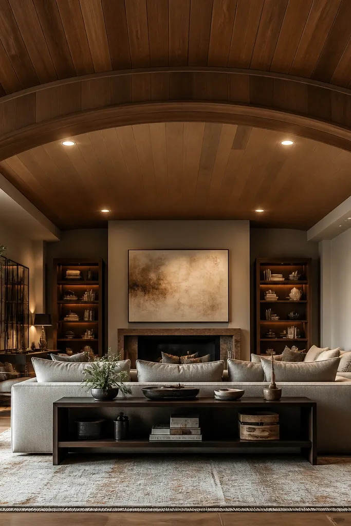 Wood ceiling with an arched border and recessed lights inside the arch