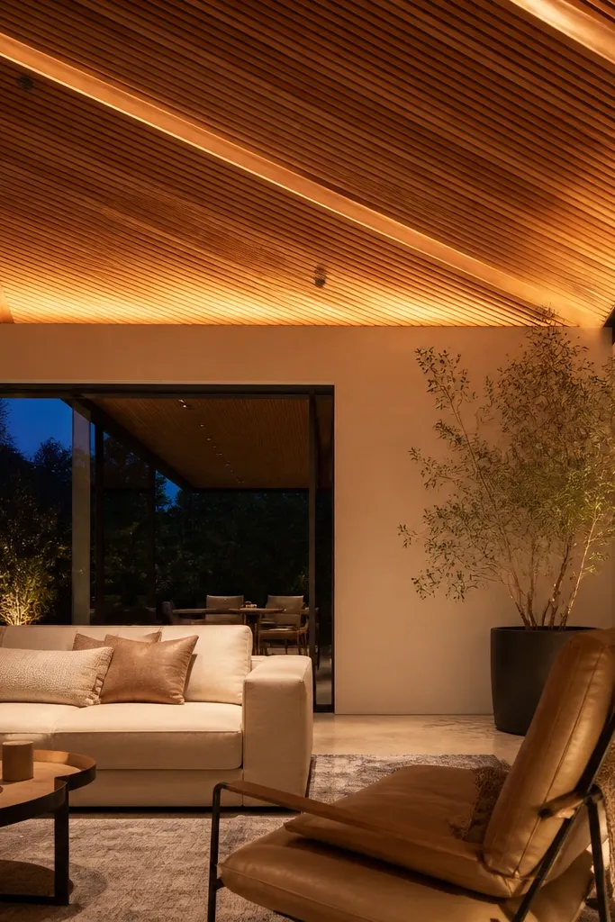 Diagonal wood strips across the ceiling with warm light washing the wall