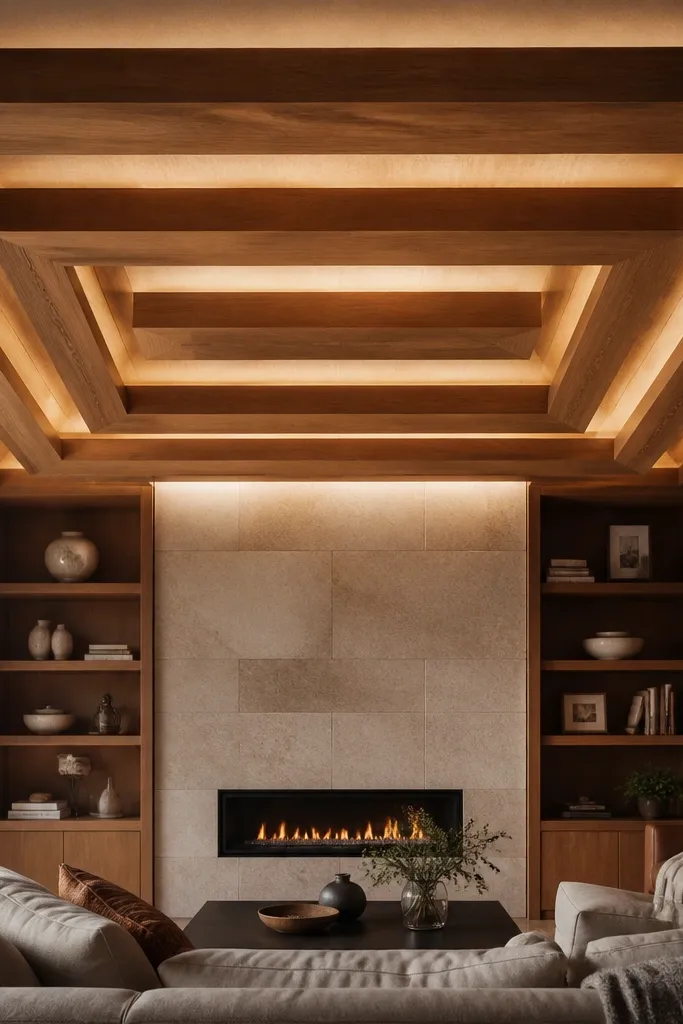 Layered rectangular wood frames on the ceiling with warm glow inside each frame
