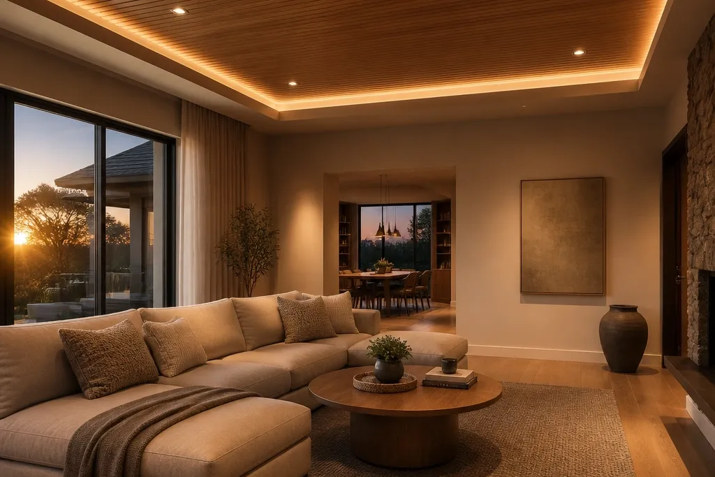 Cozy False Ceiling Living Room with Wood