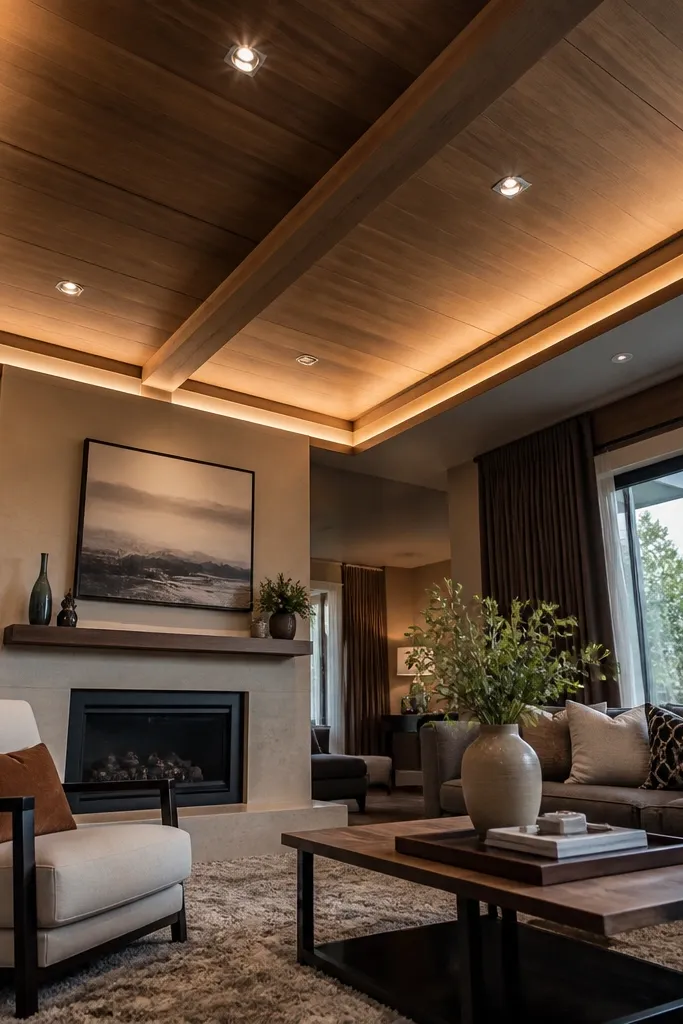 Cozy False Ceiling Living Room with Wood