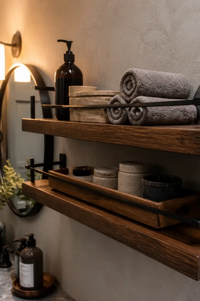 Three walnut floating shelves with black hidden rails on a light bathroom wall