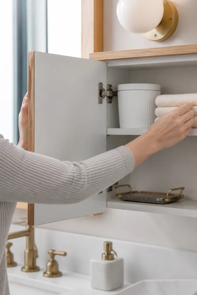 Two white floating shelves with a warm oak edge detail on a small bathroom wall