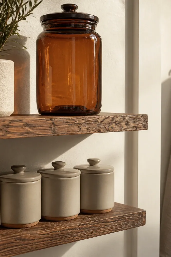 Two floating shelves stacked with identical jars aligned neatly