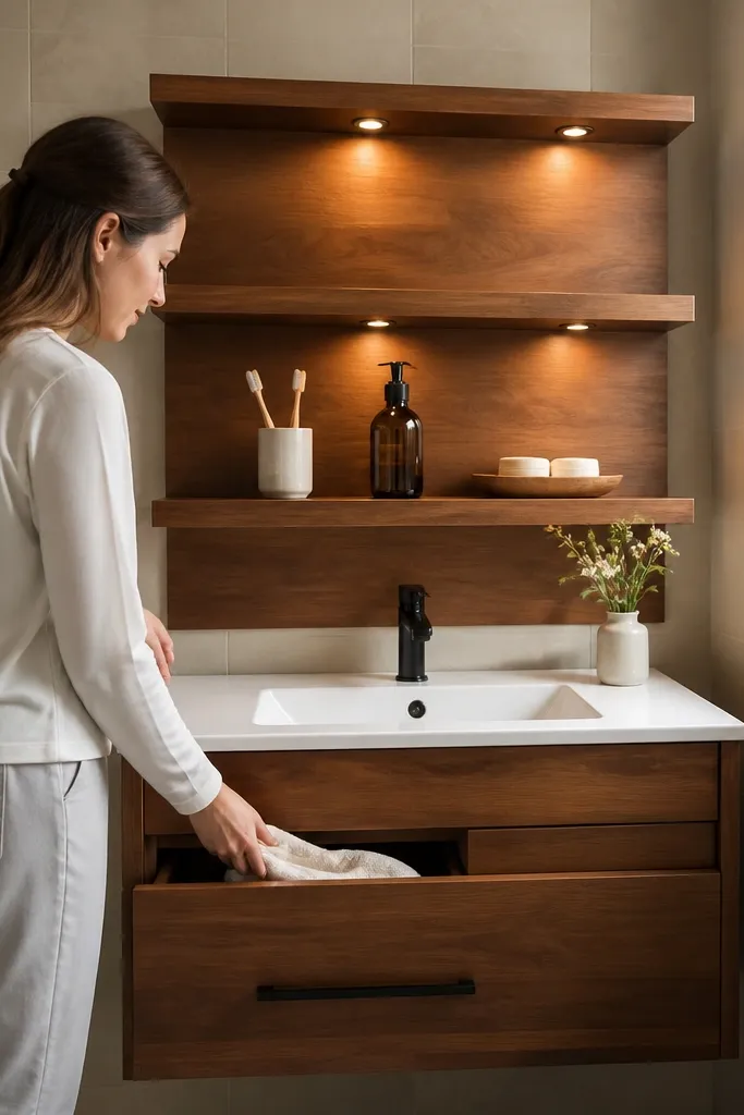 Two floating shelves stacked like a backsplash behind a small sink