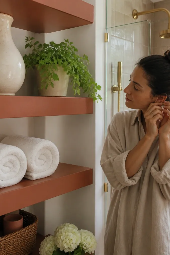 Terracotta-toned floating shelves with off-white backing behind the brackets