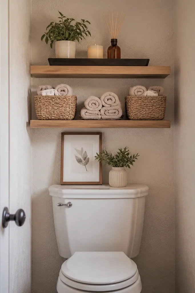 Slim floating shelves above a toilet with small decor and a narrow storage row