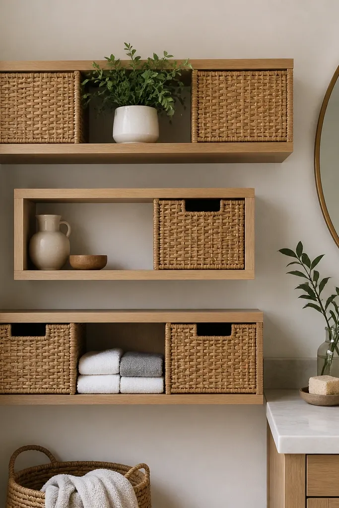 Floating shelves with woven rattan baskets sitting neatly inside the shelf openings
