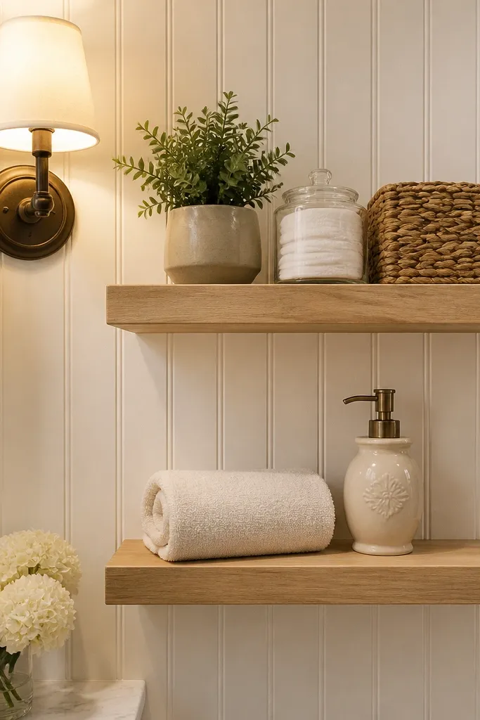 Two floating shelves over beadboard paneling in a cottage-style bathroom