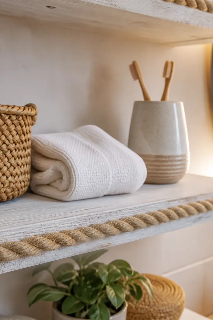 Whitewashed floating shelves with rope trim along the front edge