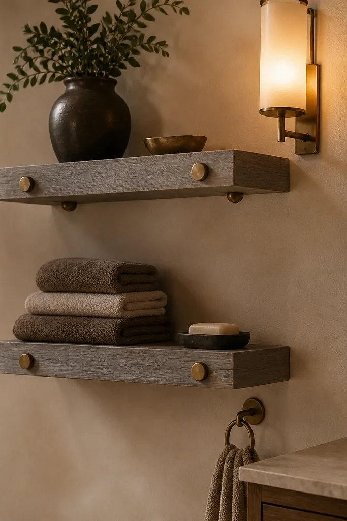 Weathered gray floating shelves with brass peg supports on a light wall