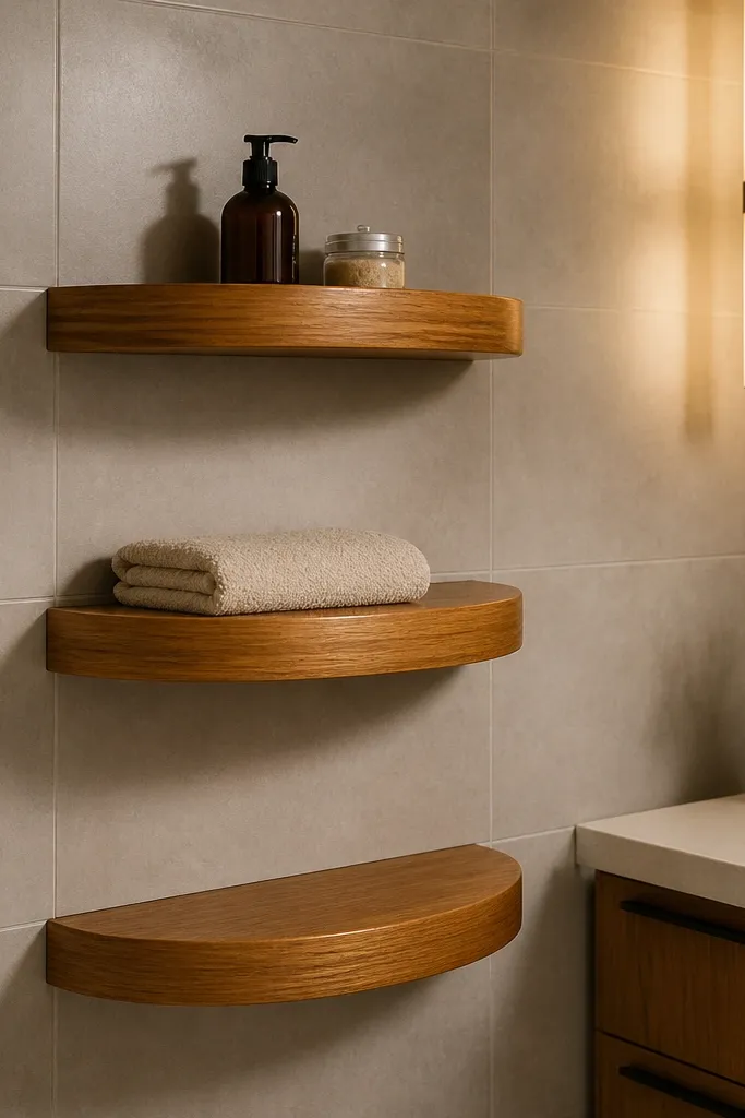 Floating shelves with rounded front edges and warm wood stain
