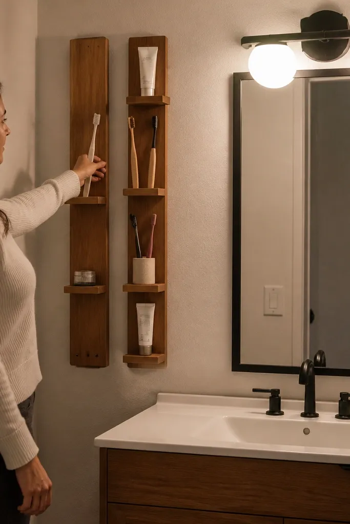 Tall narrow floating shelves with small ledges for toothbrush and small bottles