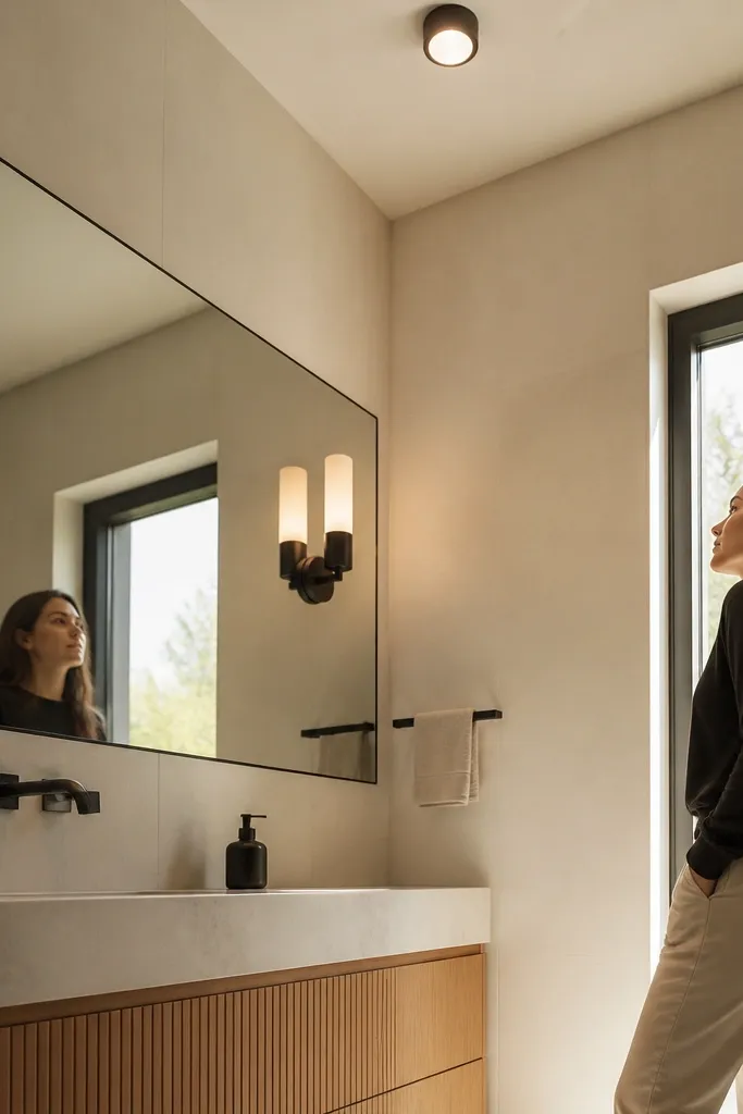 Warm white tile from floor to ceiling with matte black faucet and towel bar.