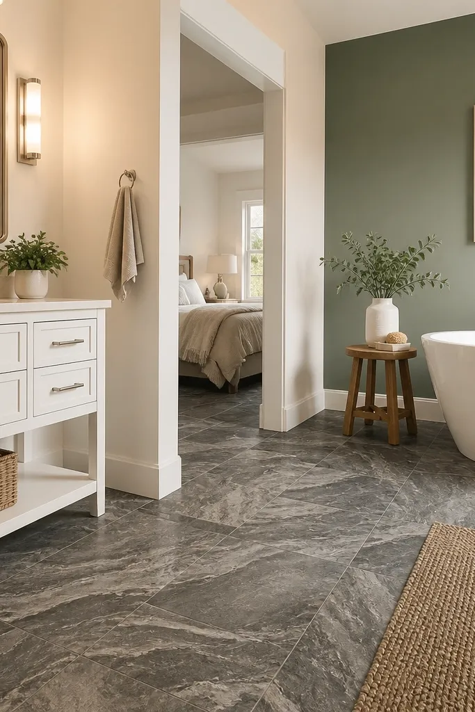 Smoky marble-look floor with a soft sage wall panel behind the vanity.