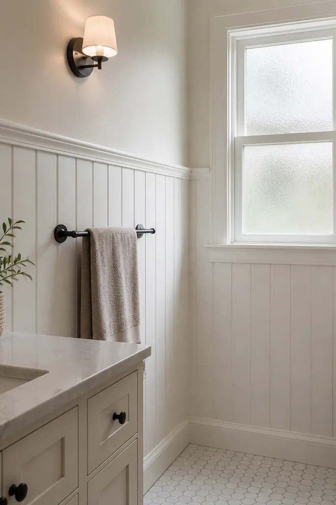 Waterproof half-panel walls in warm white with a simple vanity and brass fixtures.