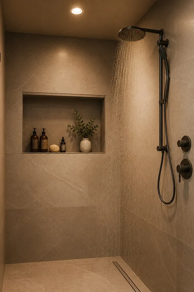 Warm greige shower tile with a recessed niche and a frameless glass door.