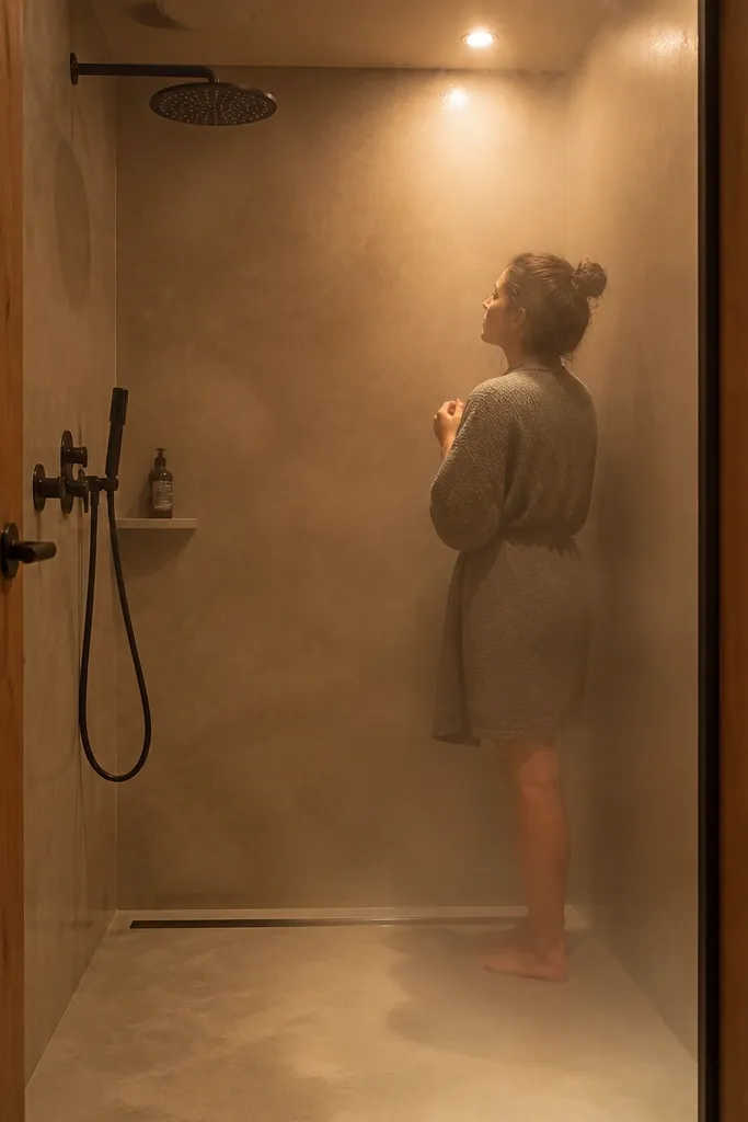 Soft gray microcement shower walls with a simple drain and warm lighting.