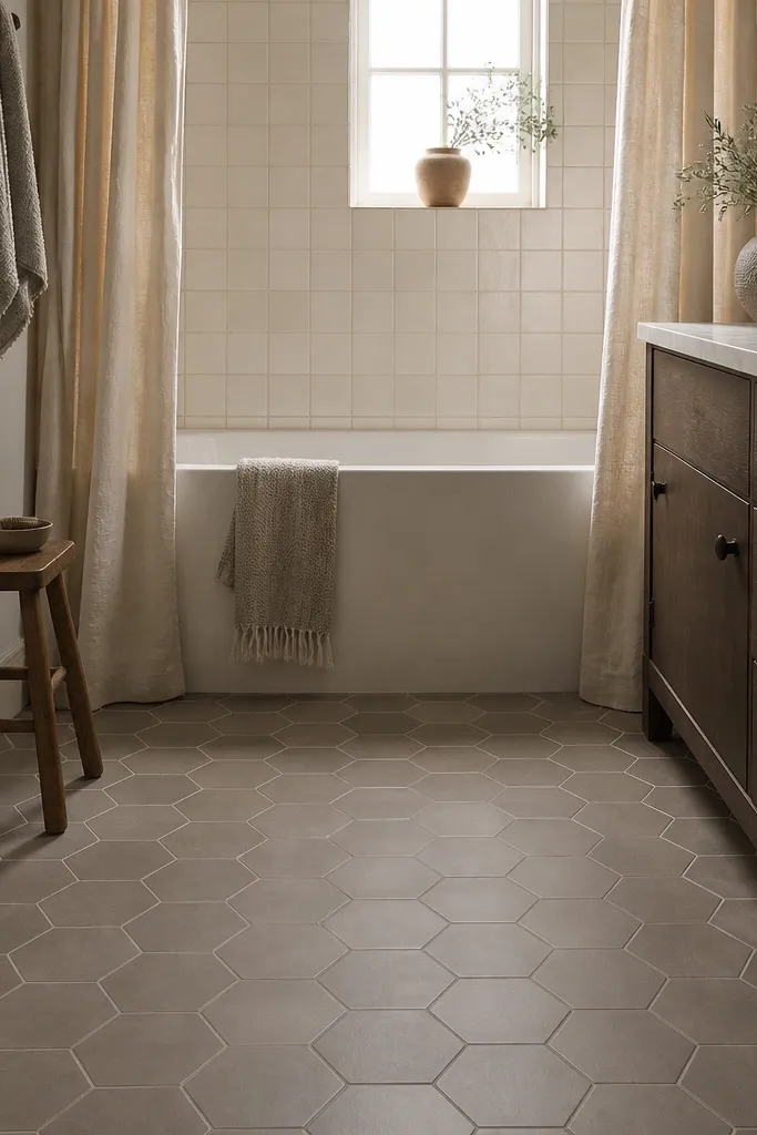 Matte hex porcelain floor with a tub surround tiled to the ceiling.