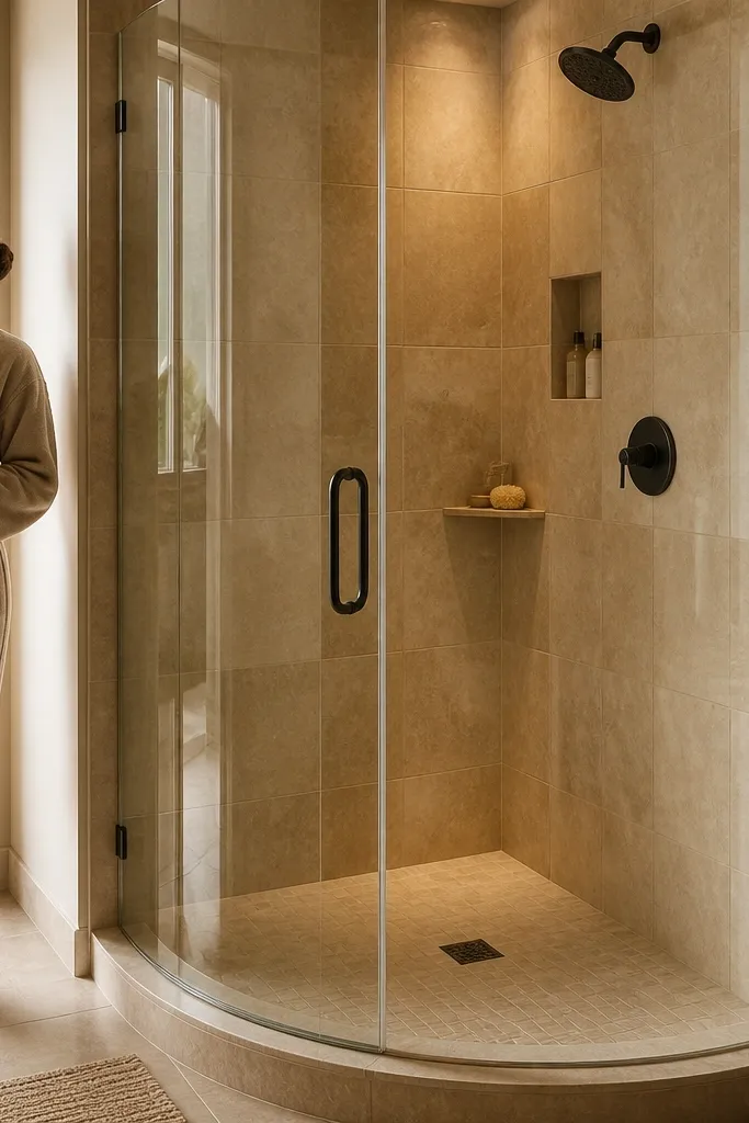 Walk-in shower with curved glass and warm beige tile walls.