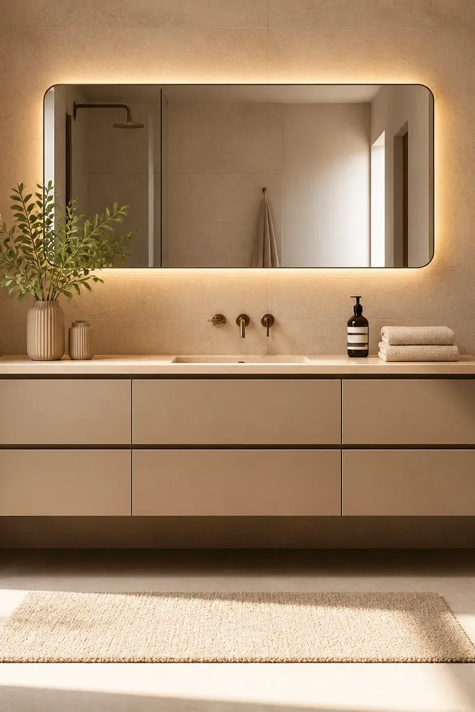 Floating vanity with deep drawers and a warm stone countertop.