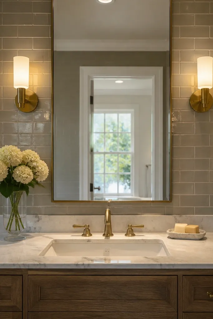 Warm gray subway tile with satin brass wall sconces near a mirror.