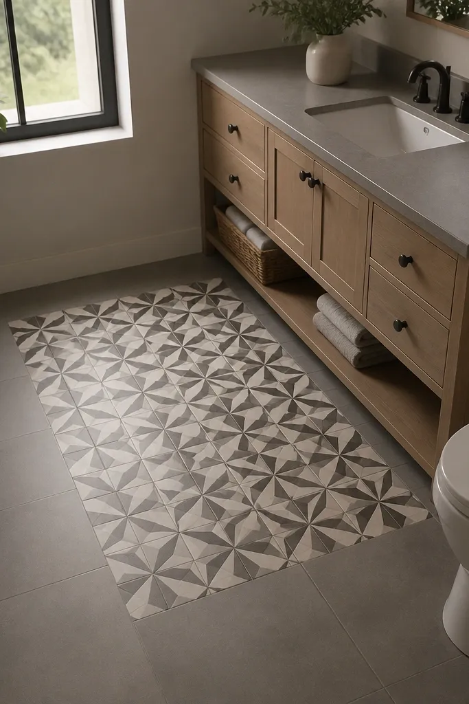 Patterned tile area in the center of a small bathroom with solid surrounding floor.