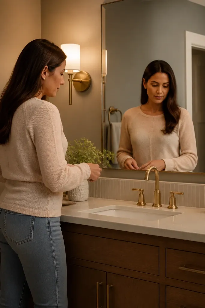 Matte taupe walls with a narrow tile strip behind the sink.