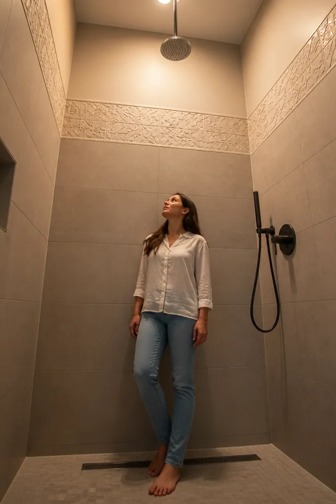Shower walls in neutral tile with a single decorative band near the top.