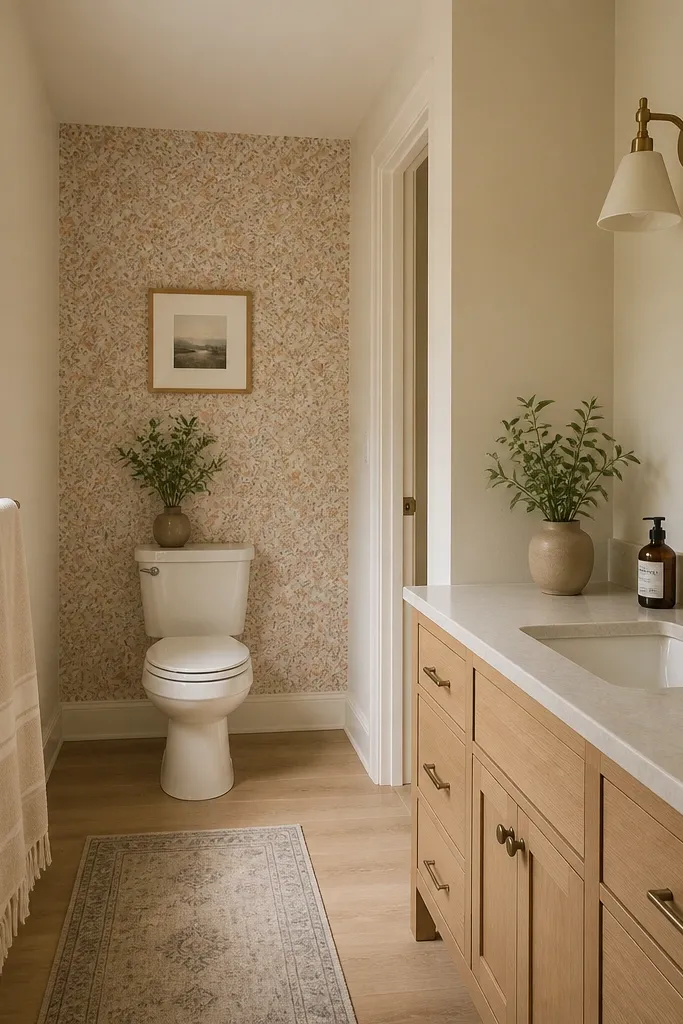 Vinyl-safe panel behind the toilet in a warm pattern with light walls around it.