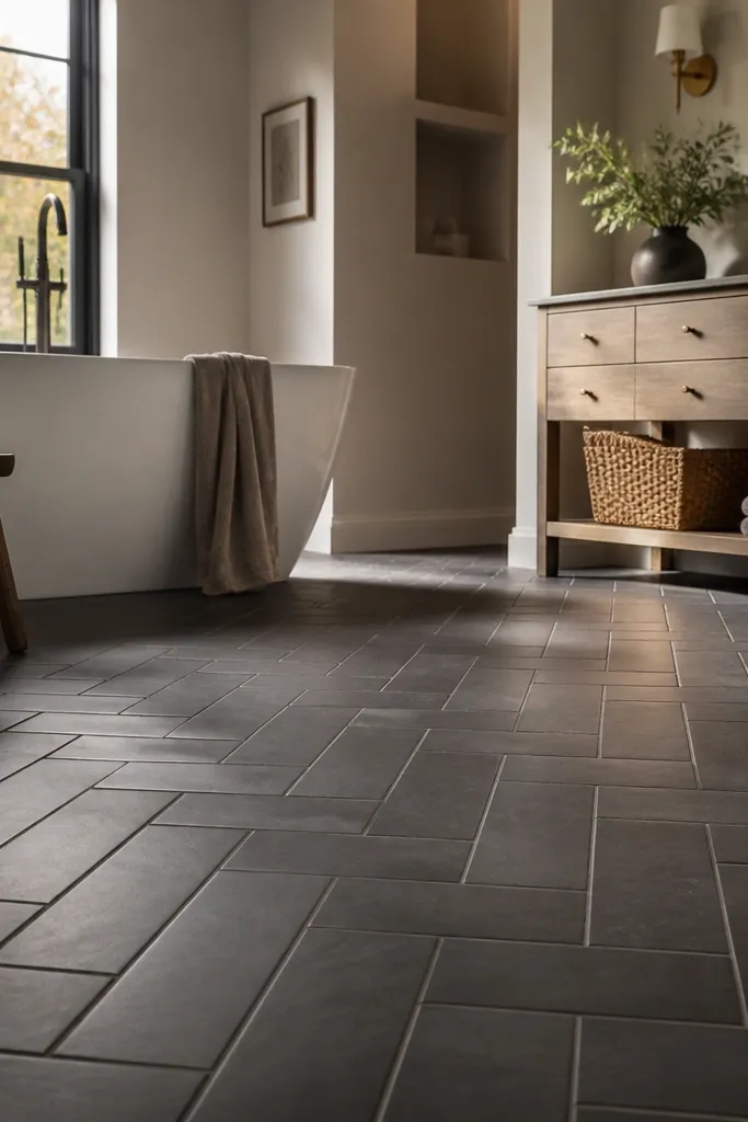 Warm charcoal herringbone tile floor with light walls and a simple vanity.