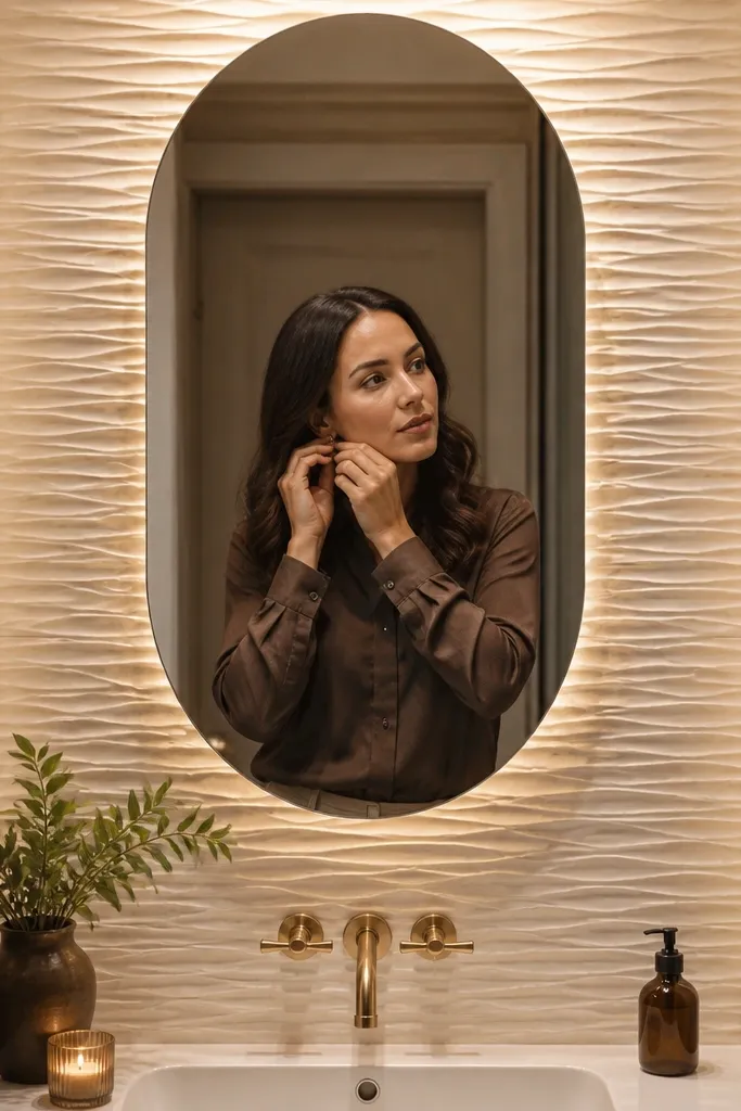 Warm white tiled walls with a subtle textured accent section behind the mirror.